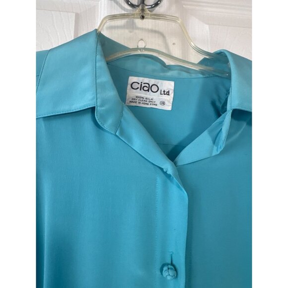 Vintage Ciao Ltd Blue 100% Silk Button-Up Midi Dress Sz 14 Coquette - Picture 2 of 10